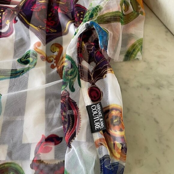 VERSACE JEANS COUTURE Black/White Racerback Tulle Baroque Jewels Overlay Top S - Picture 8 of 17